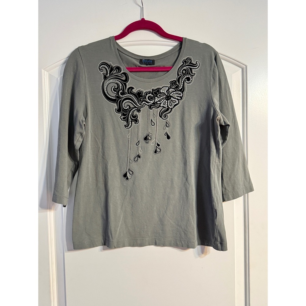 Escada Sport Top Mβ Gray Rhinestone Embellished 3/4 Sleeve Designer Graphic